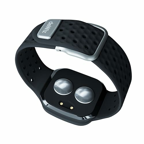 Black smartwatch band with metal sensors and buckle clasp