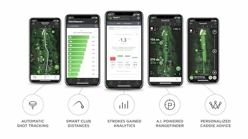 Five smartphones displaying various golf app features.