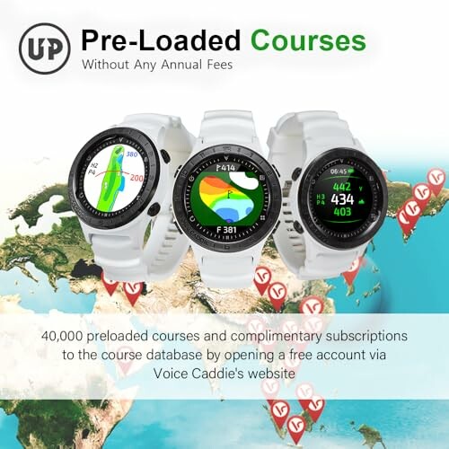 Three GPS golf watches with course maps on display over a world map background.