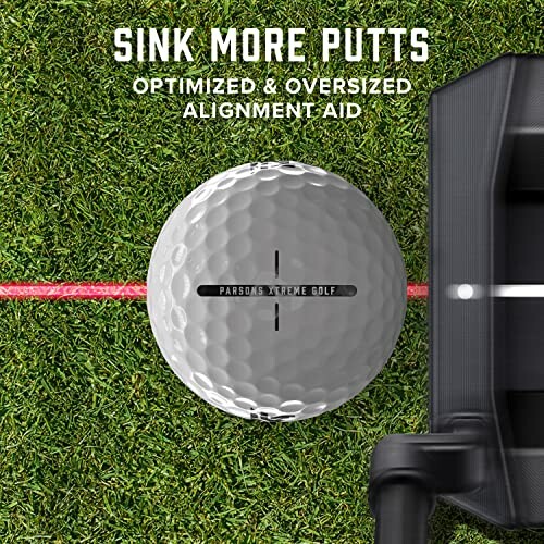 Golf ball with alignment aid and putter on grass