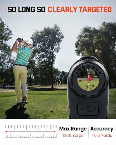 Golfer using rangefinder with max range 1200 yards, accuracy ÃÂÃÂÃÂÃÂÃÂÃÂÃÂÃÂÃÂÃÂÃÂÃÂÃÂÃÂÃÂÃÂ±0.5 yards.