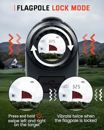 Golf rangefinder displaying flagpole lock mode with vibration feedback.