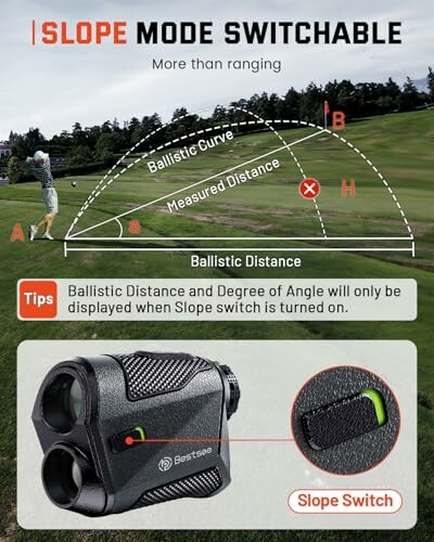 Golf rangefinder with slope mode switchable feature, showing ballistic distance and angle measurement.