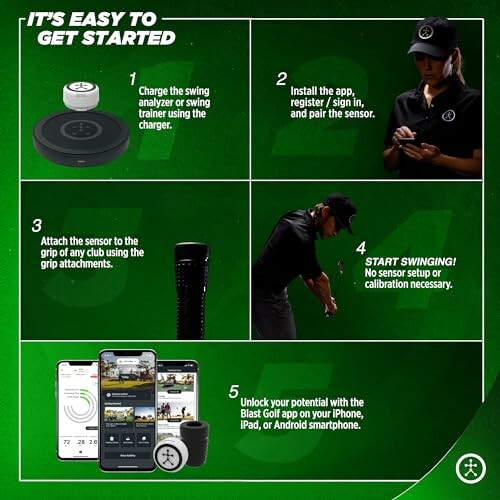 Instructions for setting up a golf swing analyzer in five steps.