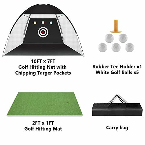 Golf training set with hitting net, tee holder, golf balls, mat, and carry bag.