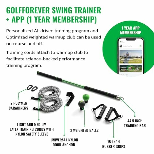 GolfForever Swing Trainer package with training cords, polymer carabiners, weighted balls, and app membership.