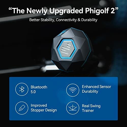 Phigolf 2 upgrade features: Bluetooth 5.0, enhanced sensor durability, improved stopper design, real swing trainer.