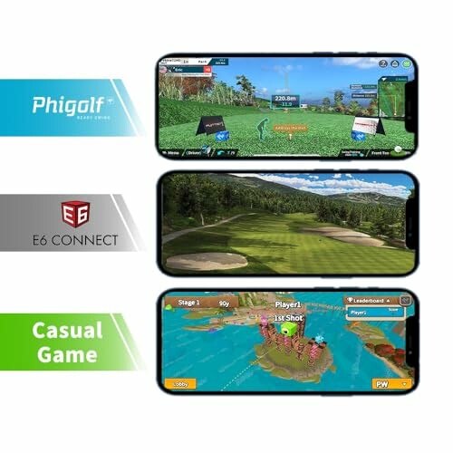 Three smartphone screens displaying golf games with Phigolf, E6 Connect, and Casual Game logos.