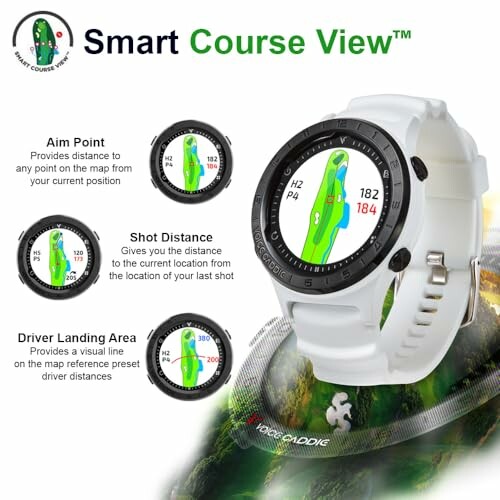 Smart golf watch displaying course view features like aim point, shot distance, and driver landing area.