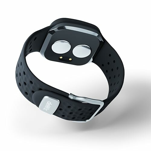 Black smartwatch with perforated band and sensors