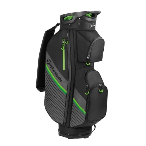 Black and green TaylorMade golf bag with multiple pockets